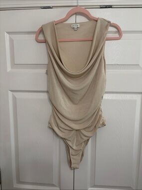 Express Draped Cowl Neck Beige Bodysuit